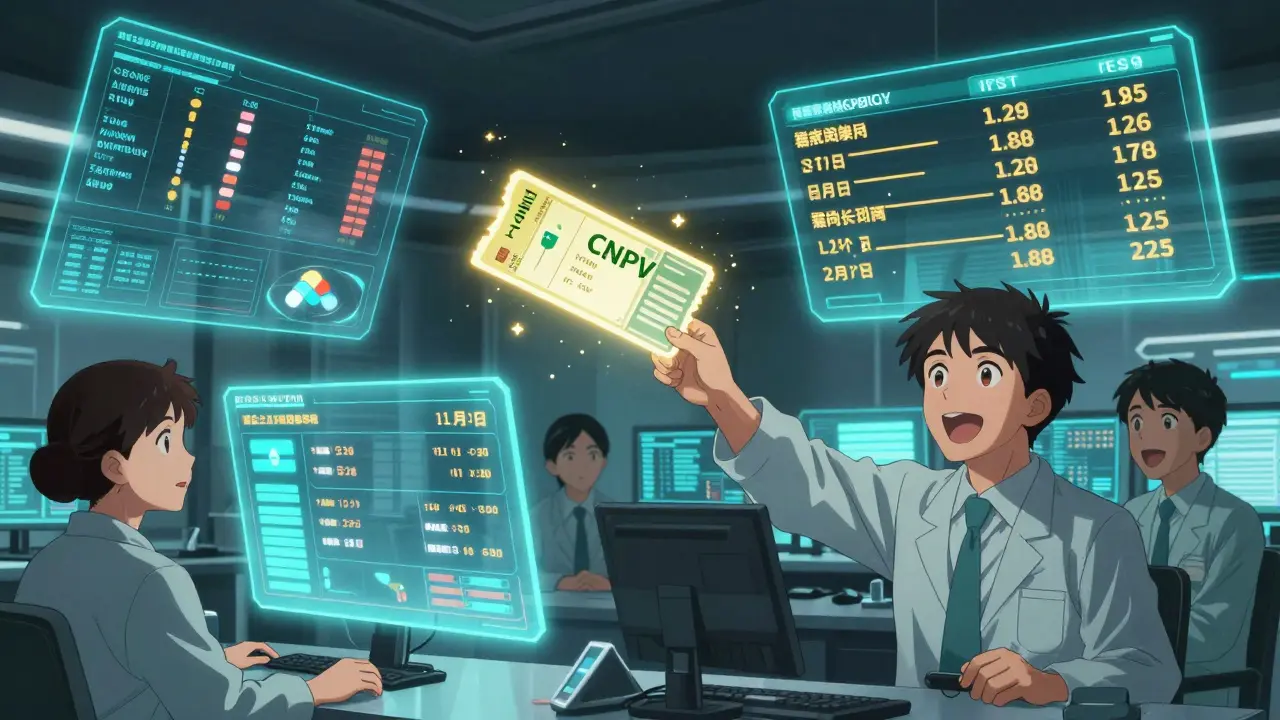 A futuristic FDA room with AI holograms and a glowing priority voucher accelerating drug approval timelines.