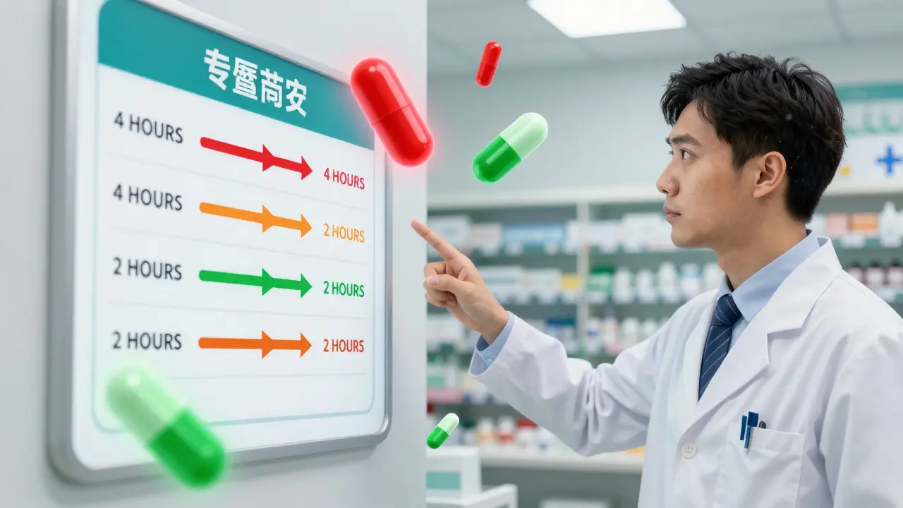 A pharmacist pointing to a dosing schedule chart with timed intervals for antibiotics and antacids.