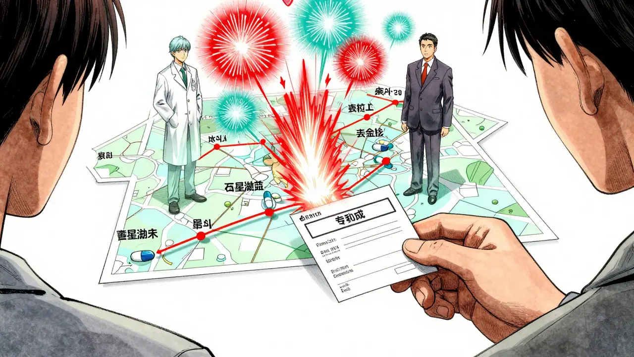 A prescription transforming into a patent timeline with AB ratings and generic entry fireworks.