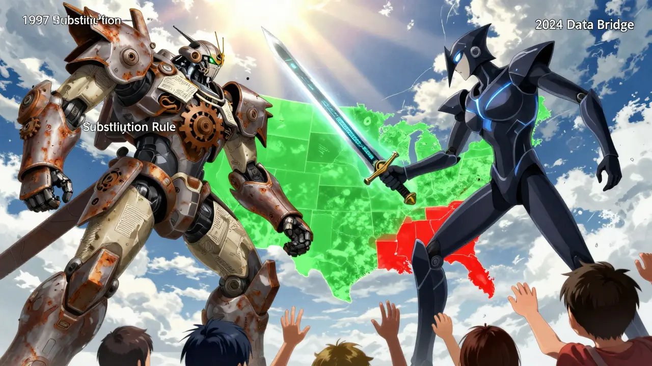 A rusty 1997 rule robot battles a sleek 2024 data warrior as children reach toward light breaking through clouds.