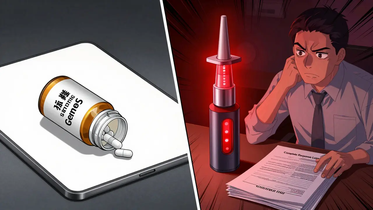 A simple tablet vs. a complex nasal spray, with one approved and the other marked by red warning lights and documents.