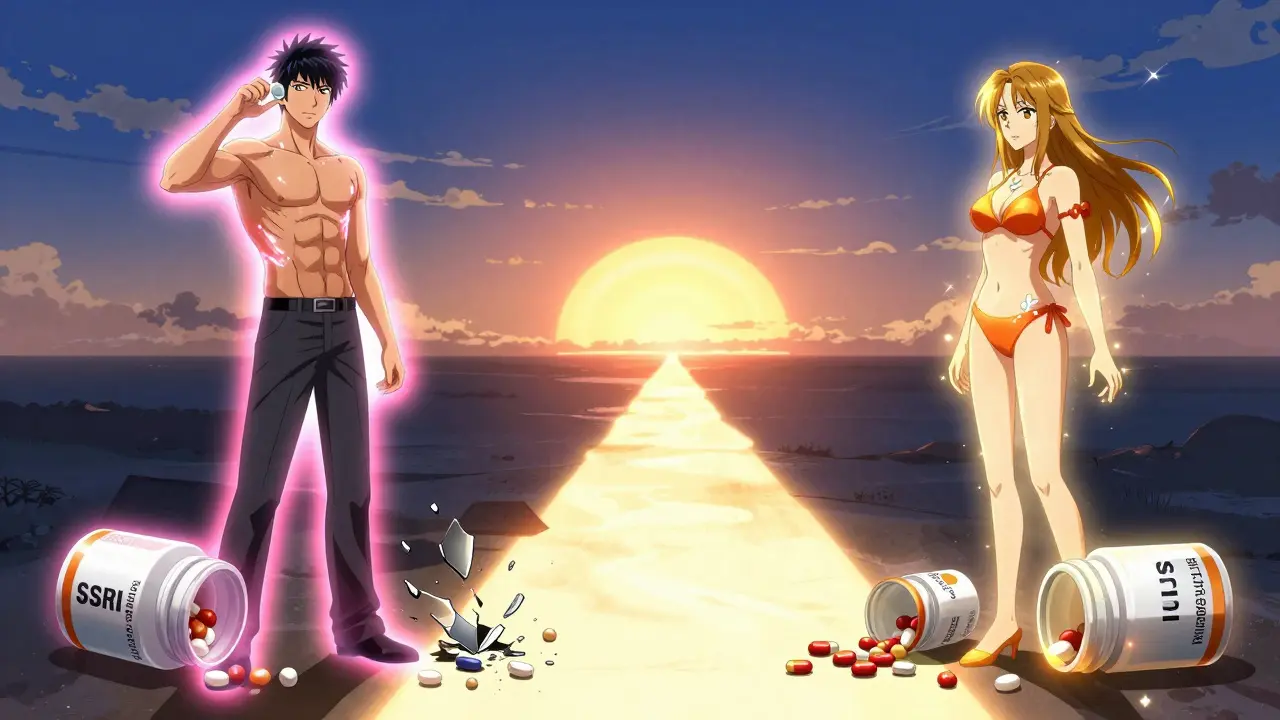 A split scene shows two people regaining sexual vitality with medication aids, their old SSRIs shattered on the floor as light leads toward a sunrise.