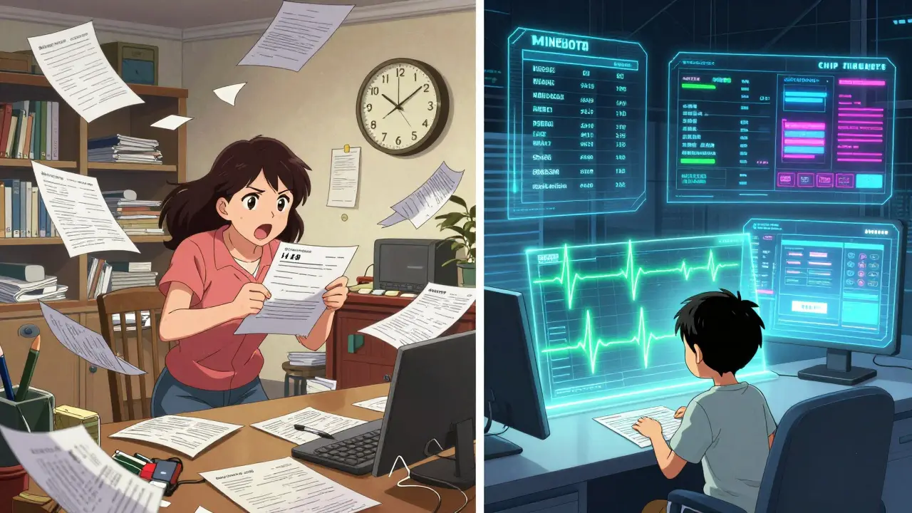 A Texas home with flying paperwork contrasts with a Minnesota data center where holograms auto-enroll a child.