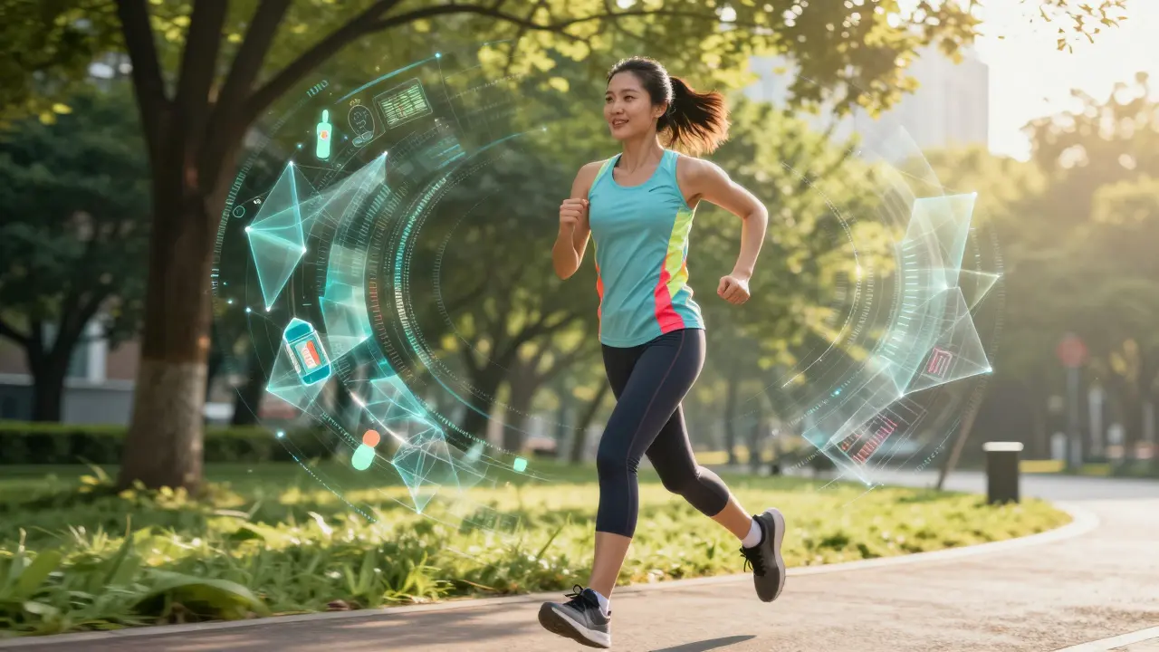 Athletic person jogging in a park with abstract patterns.