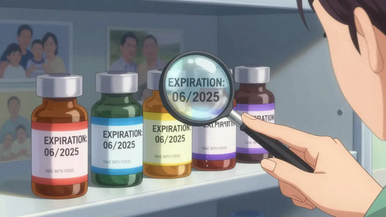 Color-coded medicine bottles with magnifying glass revealing large, compliant FDA label text.