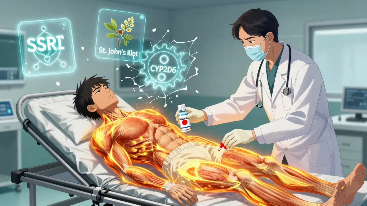 Emergency room scene with patient in muscle spasms as medical team administers treatment, shattered icons of interacting drugs floating behind them.