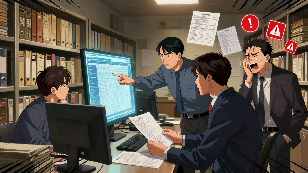 FDA team reviewing records in a dim room with glowing warnings over missing audit trails.