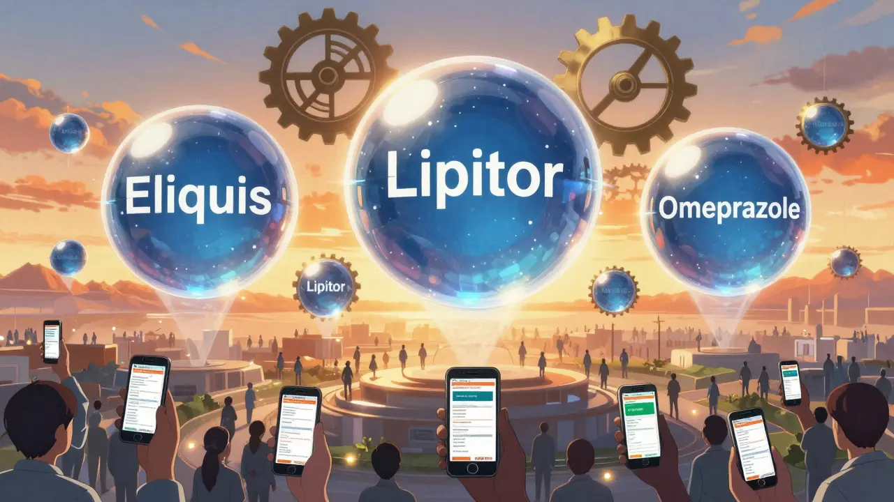 Giant brand-name drugs being replaced by generics in a futuristic healthcare landscape.