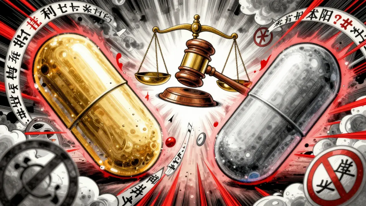 Golden and silver pills on scales with a gavel, symbolizing legal risk.