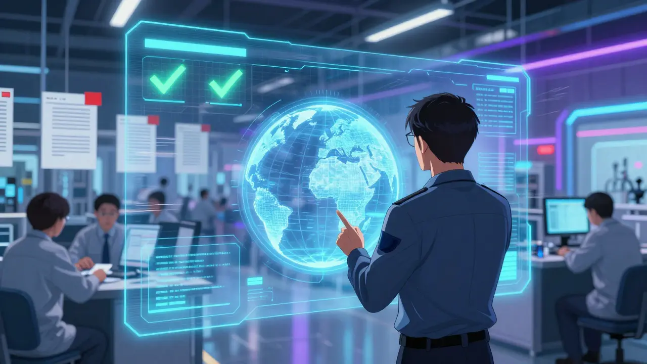 Holographic FDA inspector conducting a remote inspection with AI scanning documents in real time.