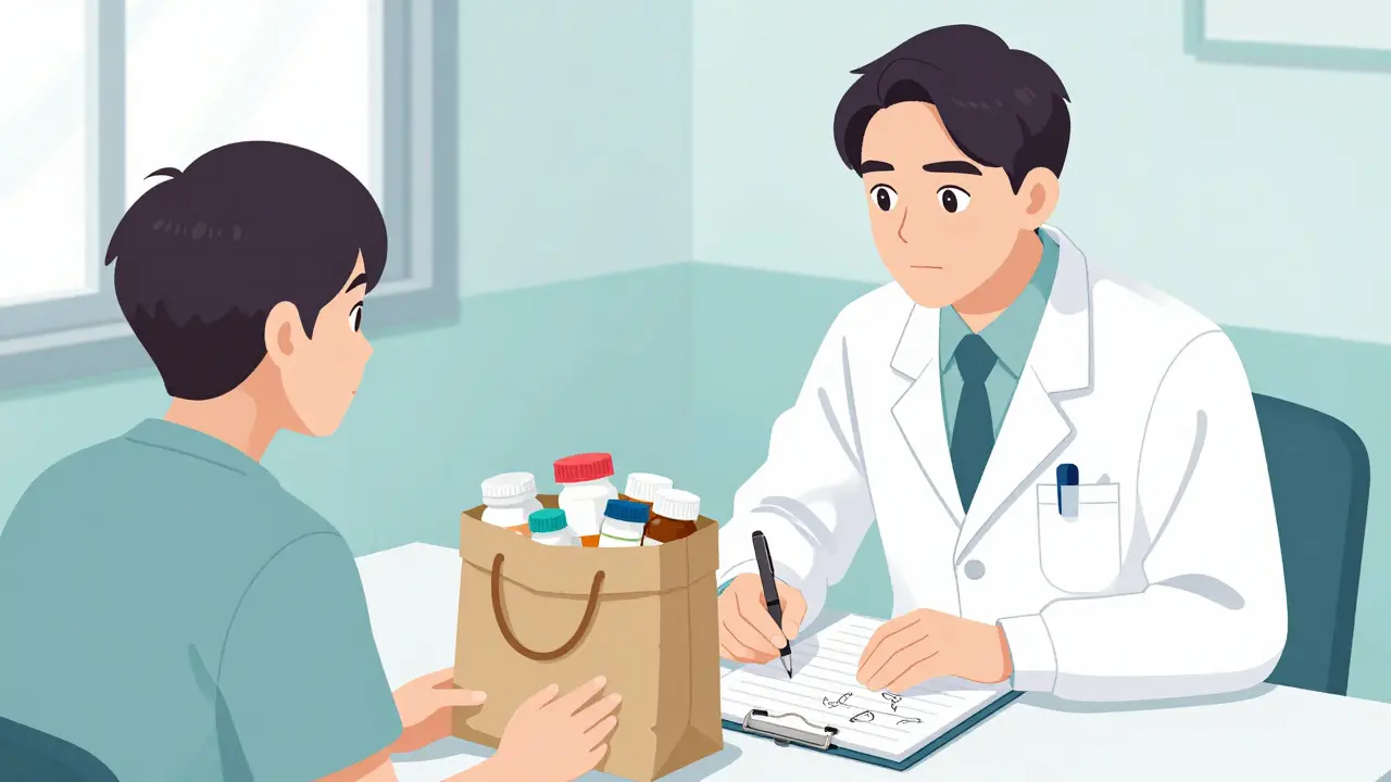 Patient holding bag of meds consulting with attentive doctor