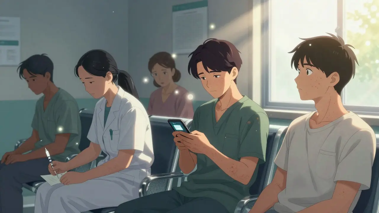 Patients in a clinic wait with diverse reactions — one getting an injection, another using a tracking app, a third noticing new hives.