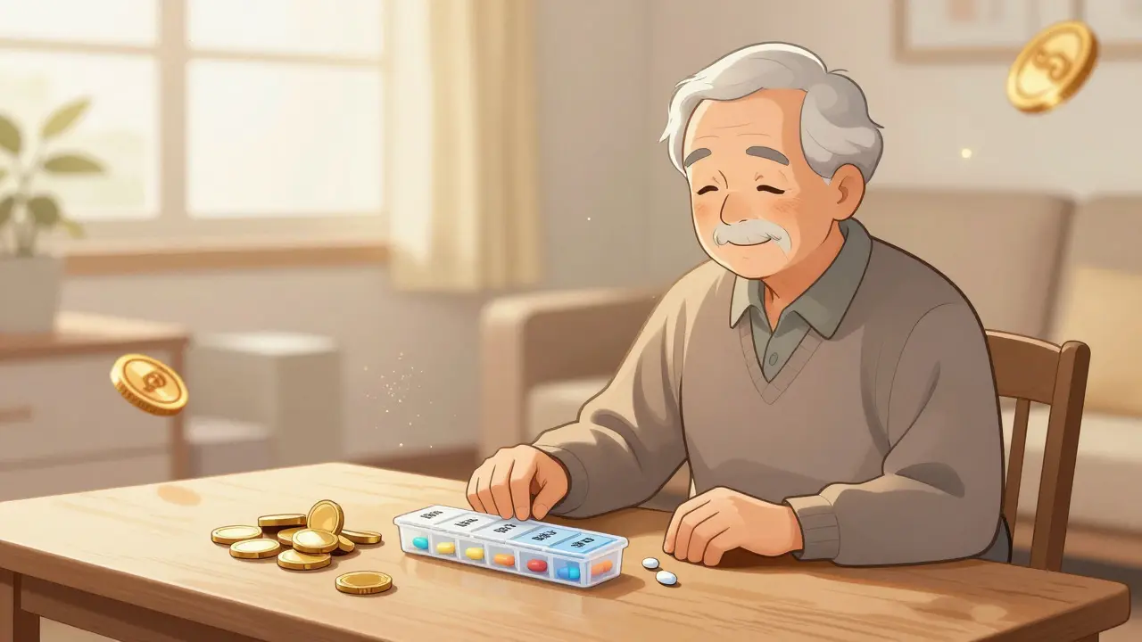 Senior citizen relaxed with simplified pill organizer in sun