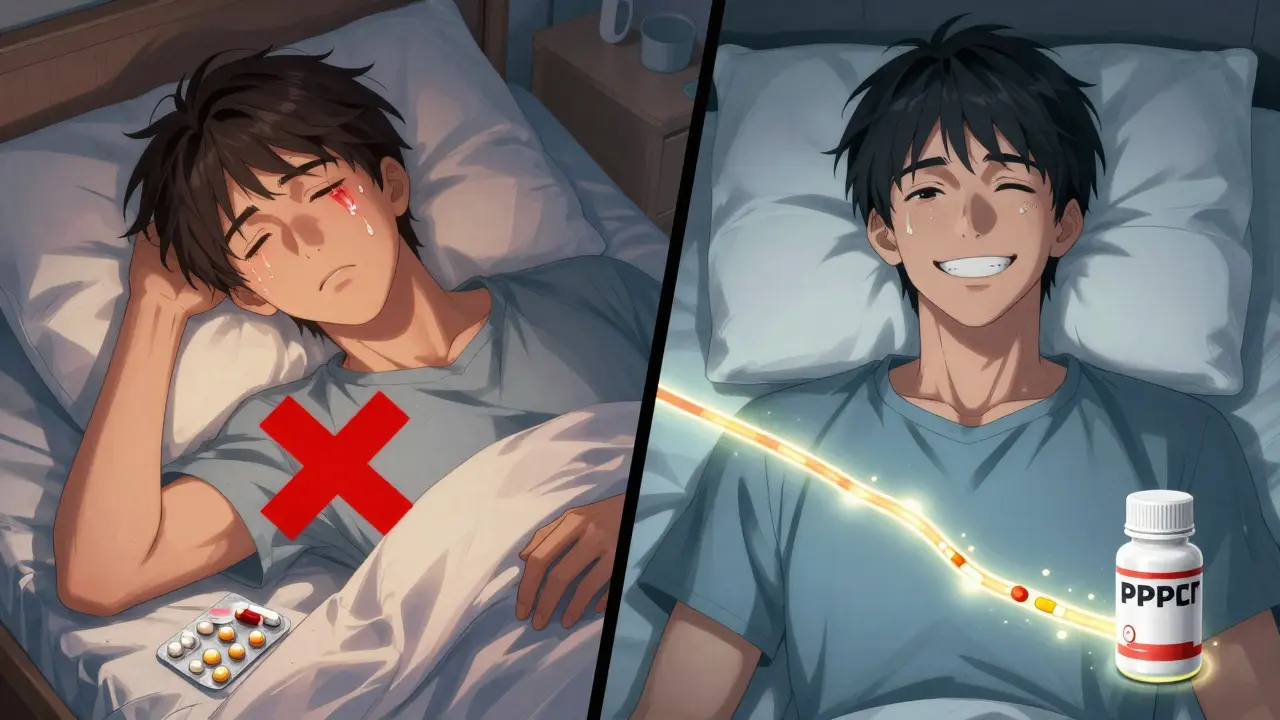 Split scene: sick patient vs. healthy patient, showing correct vs. incorrect timing of antibiotic and antacid doses.