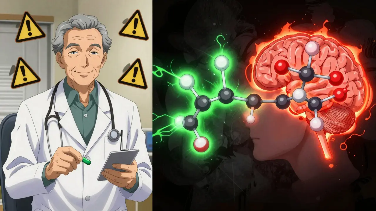 Split-screen scene: doctor prescribing tramadol while molecular structures reveal hidden serotonin risks glowing red in the background.