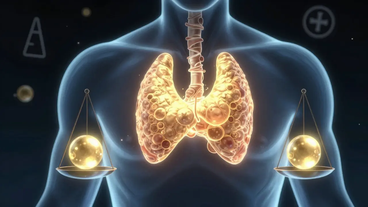 Stylized glowing thyroid gland with floating hormone symbols.