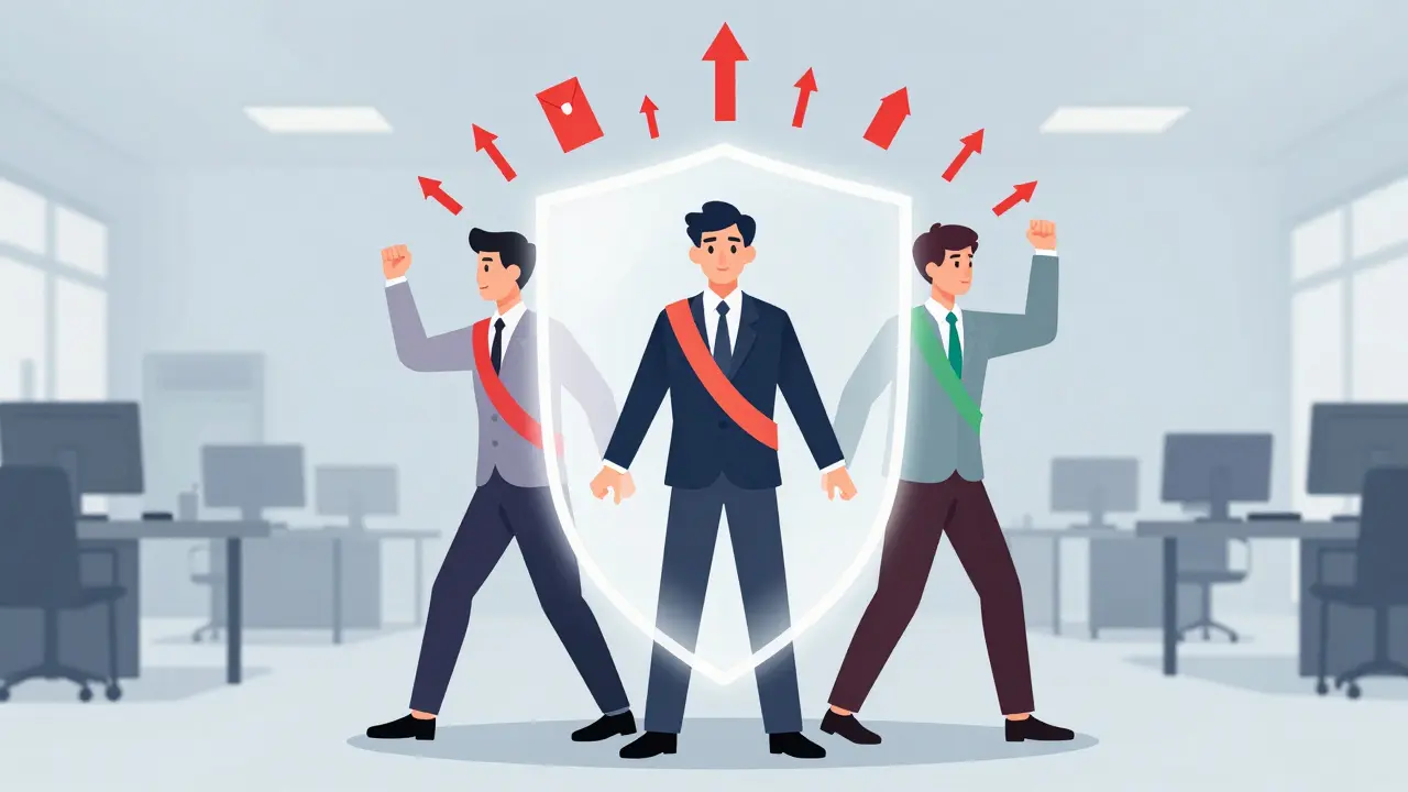 Three professionals in team formation blocking red arrows, compliance concept.