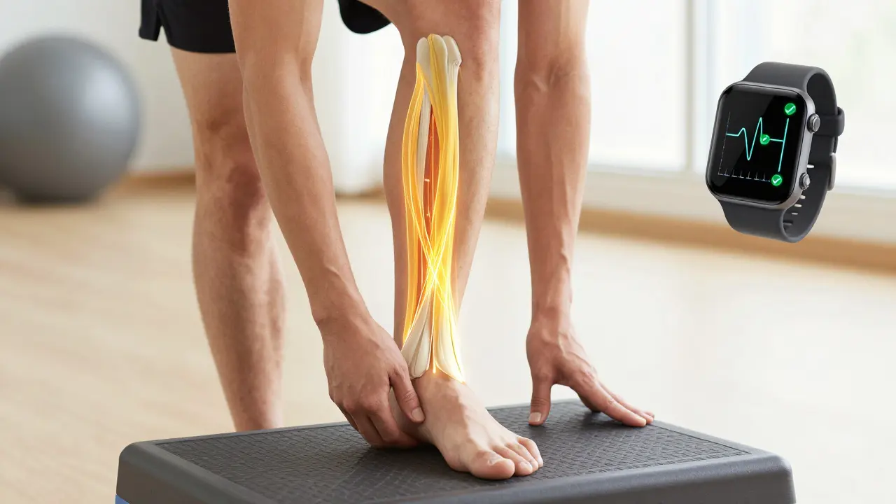 A person doing heel drops for tendon rehab with a motion-tracking smartwatch.