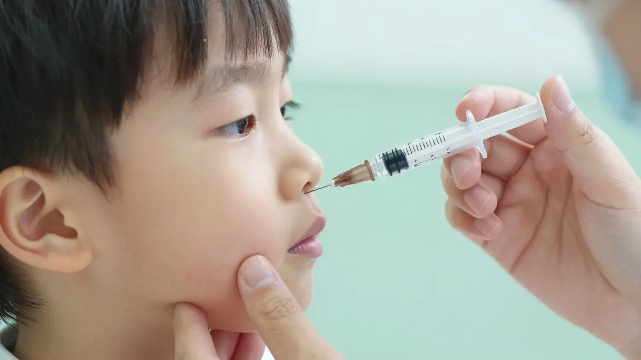 Close-up of an oral syringe correctly positioned in a child's cheek.