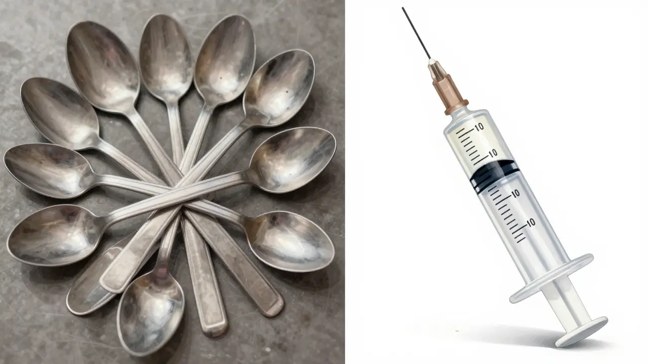 Comparison between various kitchen spoons and a precise oral syringe.