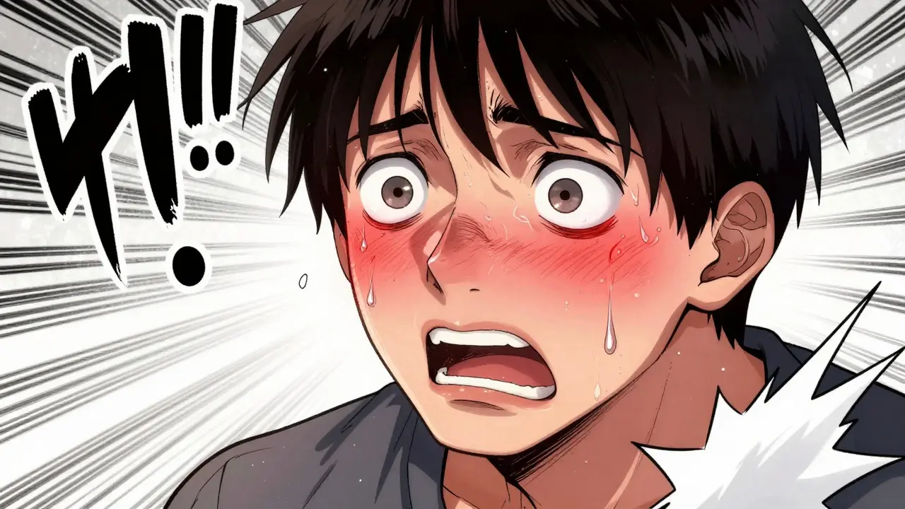 Distressed person with dilated pupils and tremors, illustrating symptoms of serotonin syndrome.