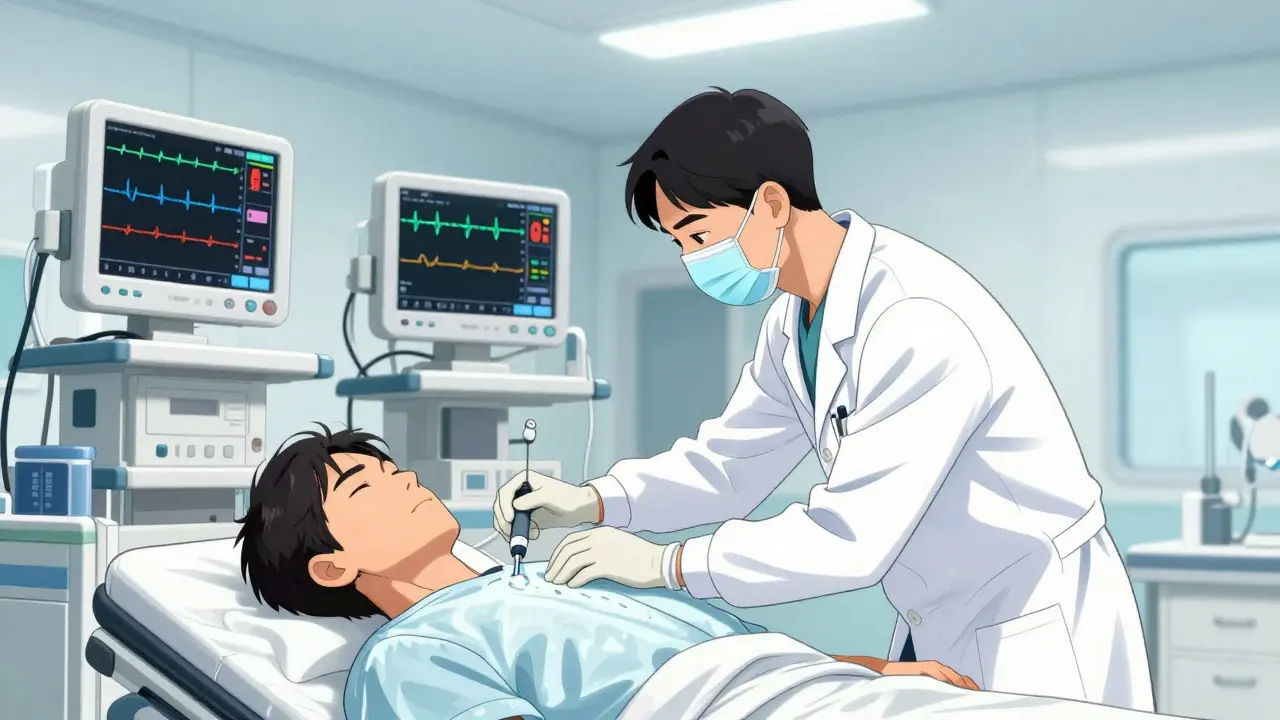 Emergency room scene showing a patient receiving medical treatment to lower a high fever.