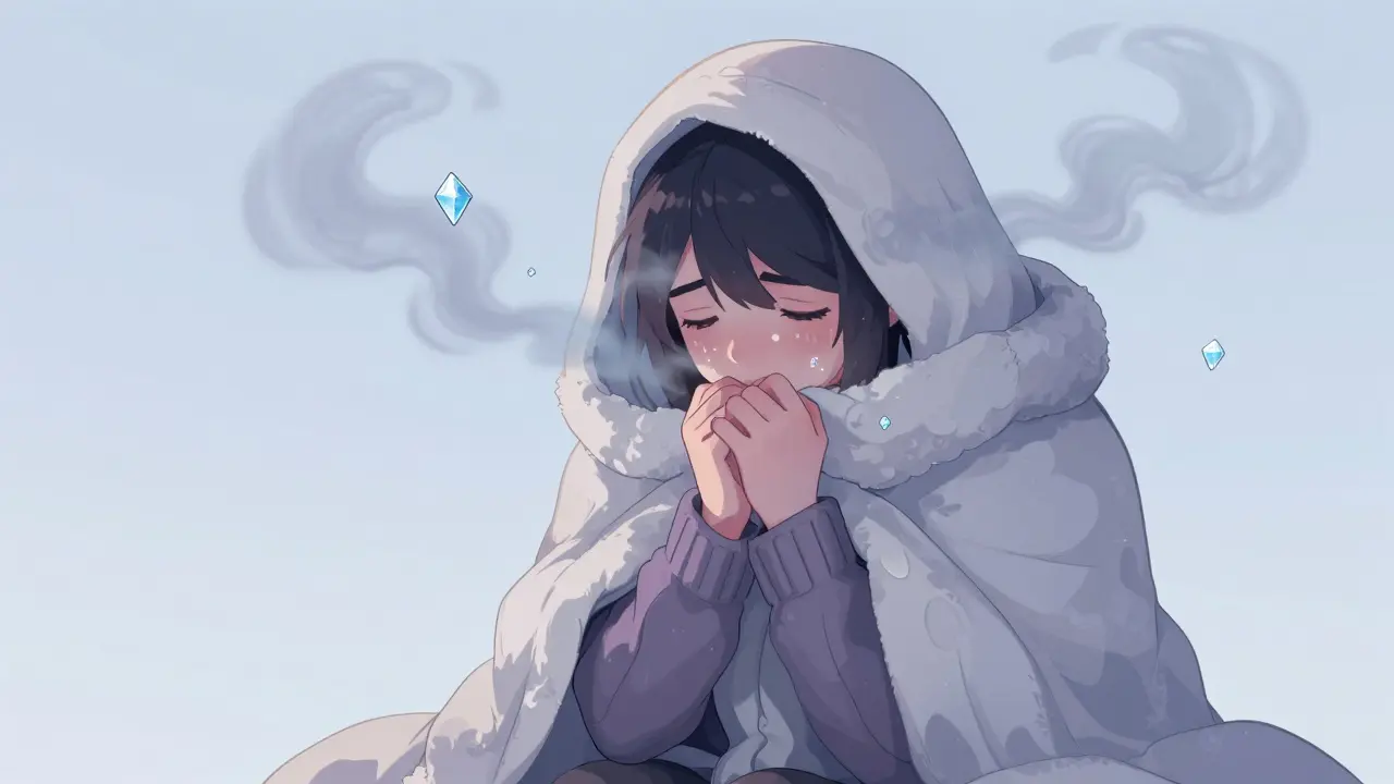 Manhua character feeling cold and fatigued with symbolic brain fog and ice crystals.