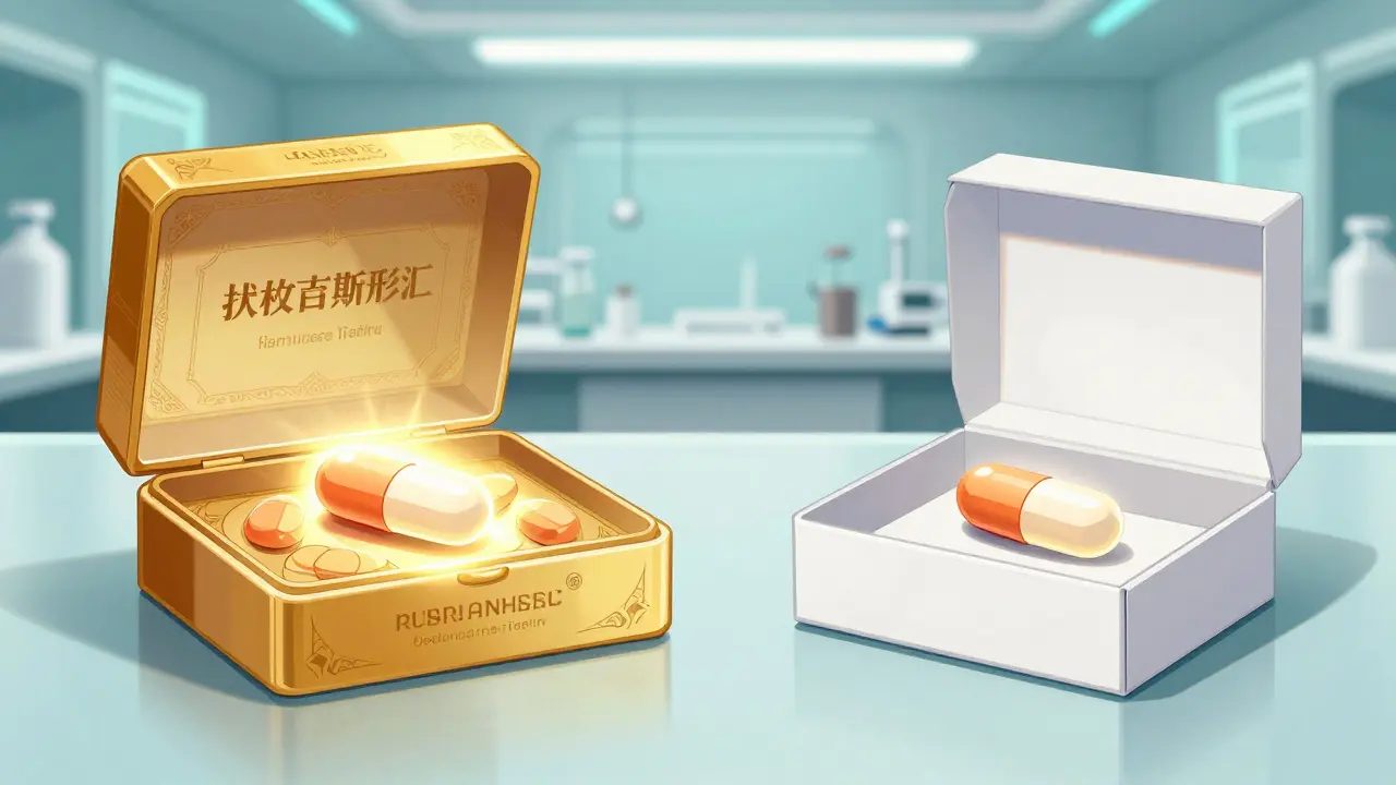 Manhua illustration comparing a brand name drug box and a plain generic box with the same pill.