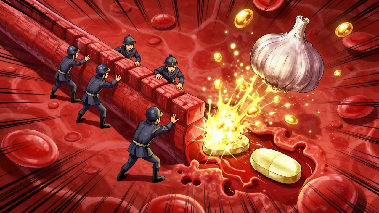 Manhua illustration of blood platelets failing to clot due to golden garlic particles.