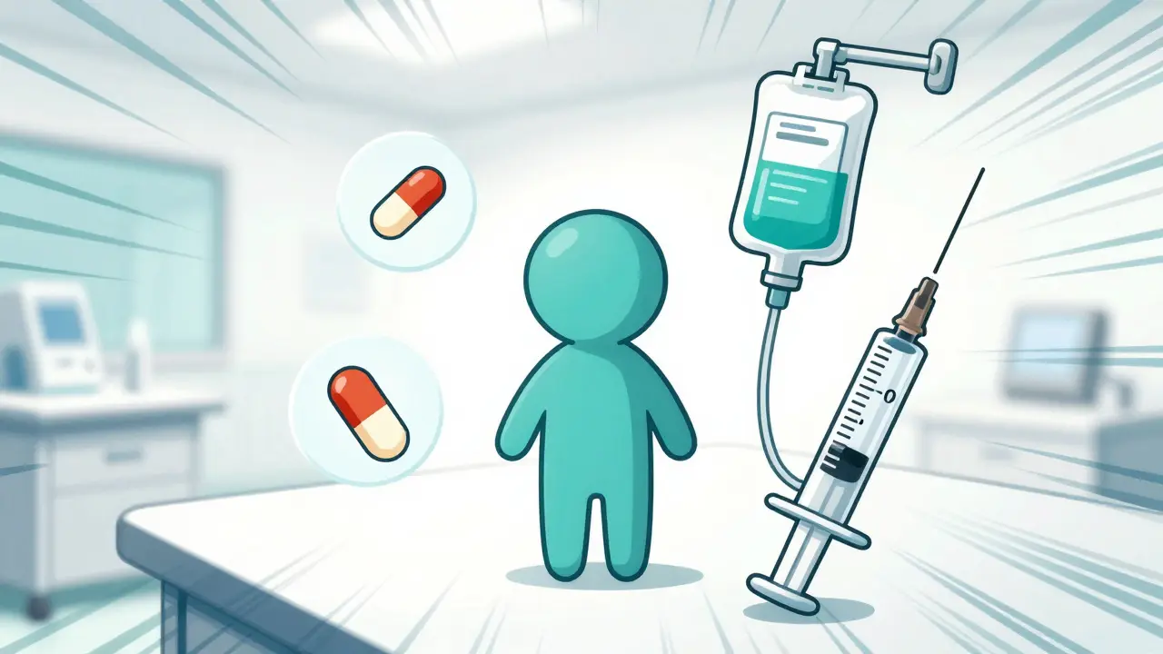 Manhua illustration of various osteoporosis medication delivery methods including pills and IV drips.