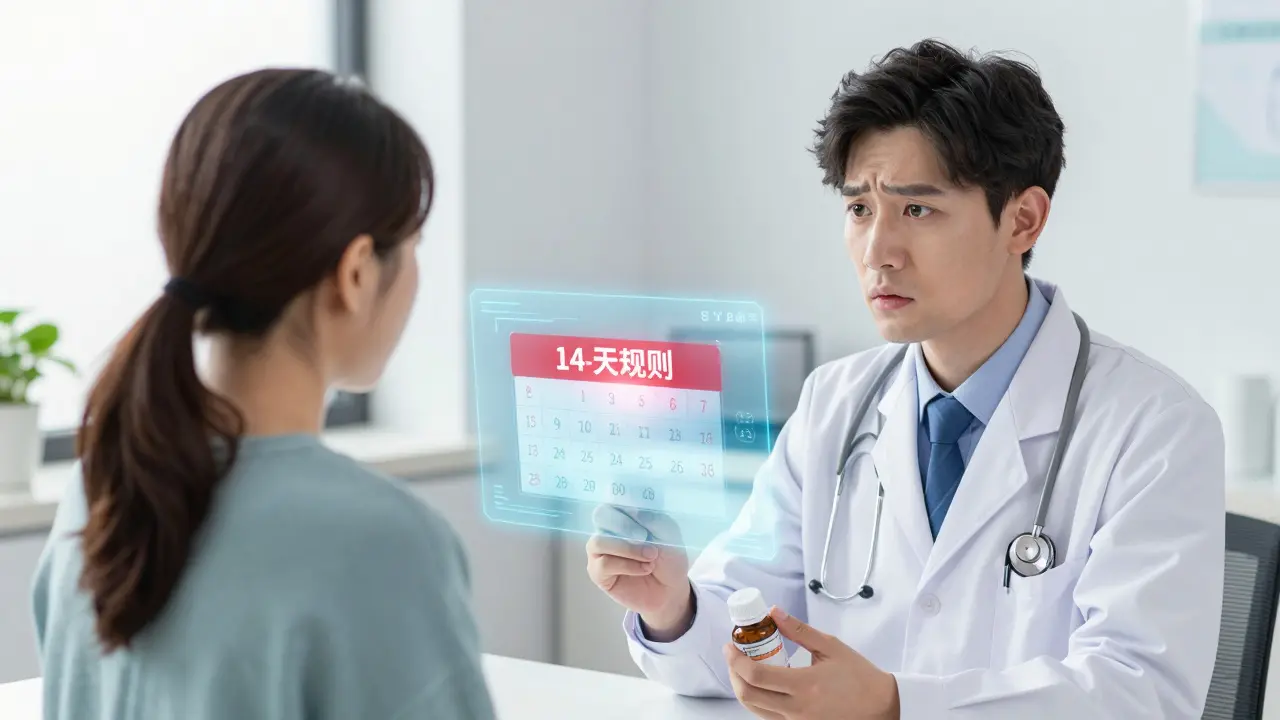 Manhua scene of a doctor discussing the 14-day rule for garlic supplements with a patient.