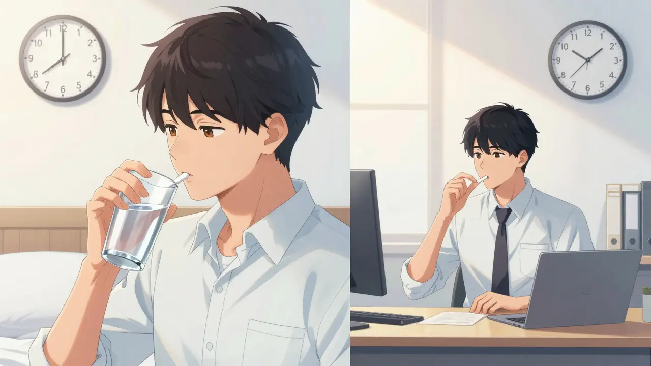 Manhua split-screen showing a person taking medication at 6 AM and supplements at 11 AM.