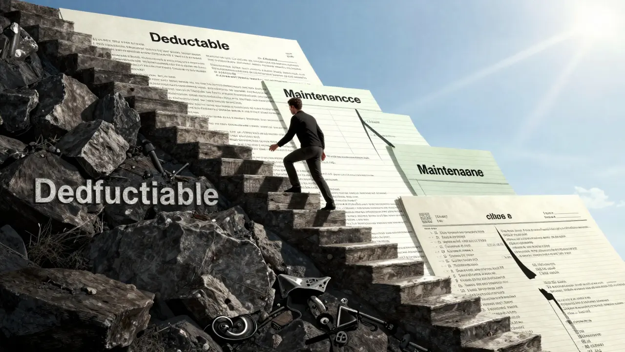 Manhua style character climbing a staircase of insurance documents