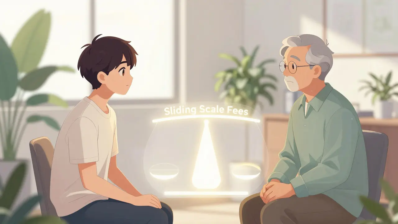 Manhua style patient and therapist in a bright office with a glowing scale