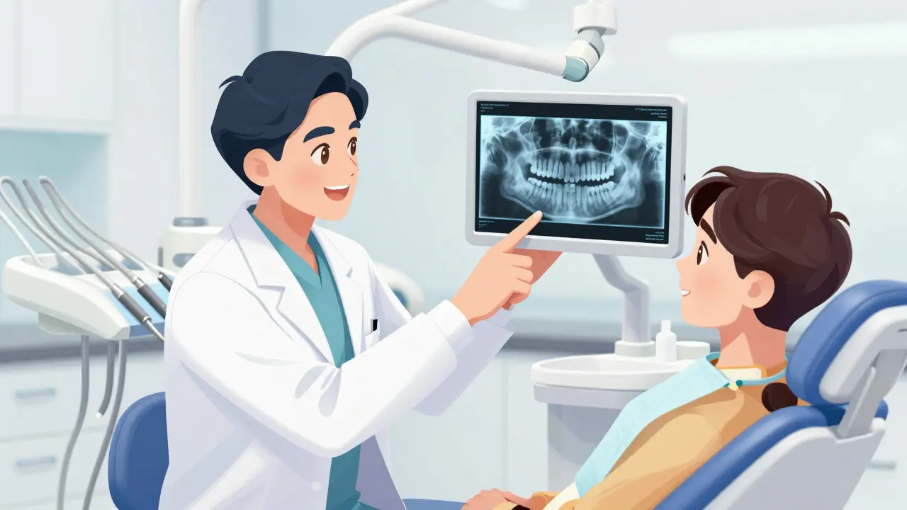 Manhua style scene of a dentist and patient reviewing jaw X-rays in a modern clinic.