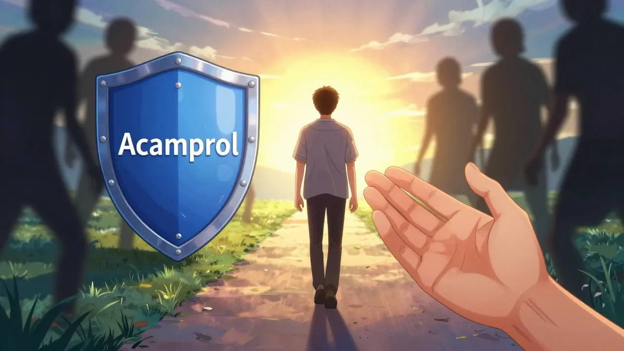 Person walking toward recovery supported by medication and therapy