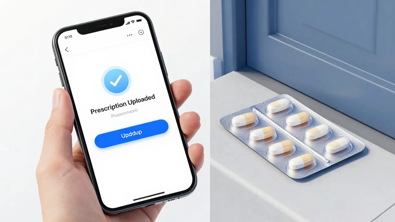 Secure online pharmacy process showing prescription upload and delivery