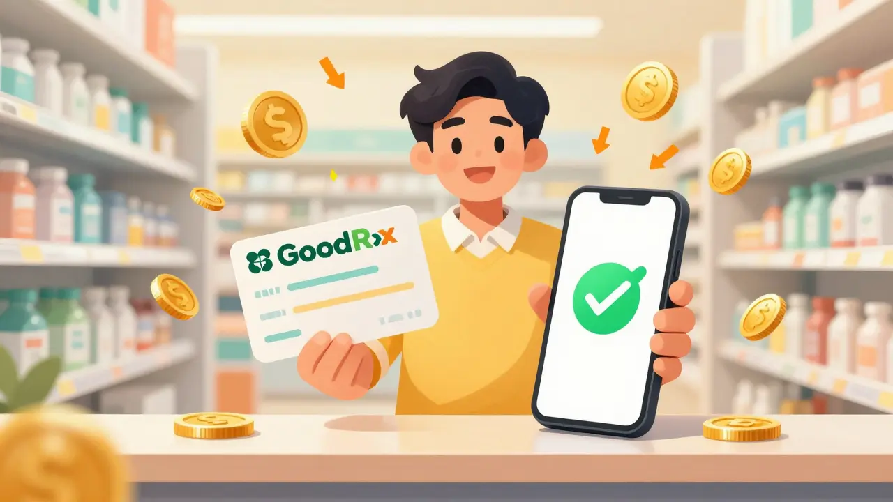 Character saving money on prescriptions with digital coupons