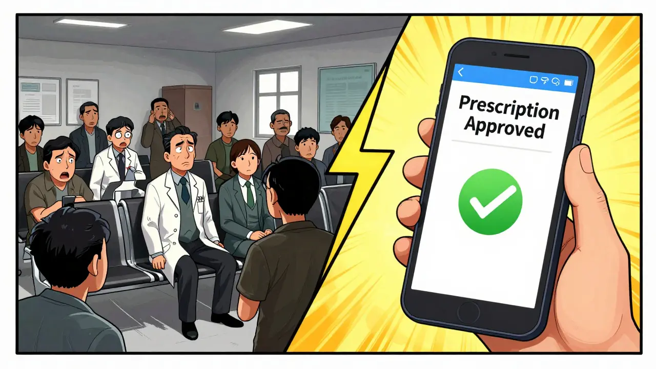 Comparison of crowded clinic vs fast online prescription approval