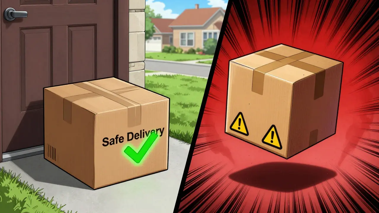 Comparison of safe discreet delivery package versus suspicious counterfeit box.