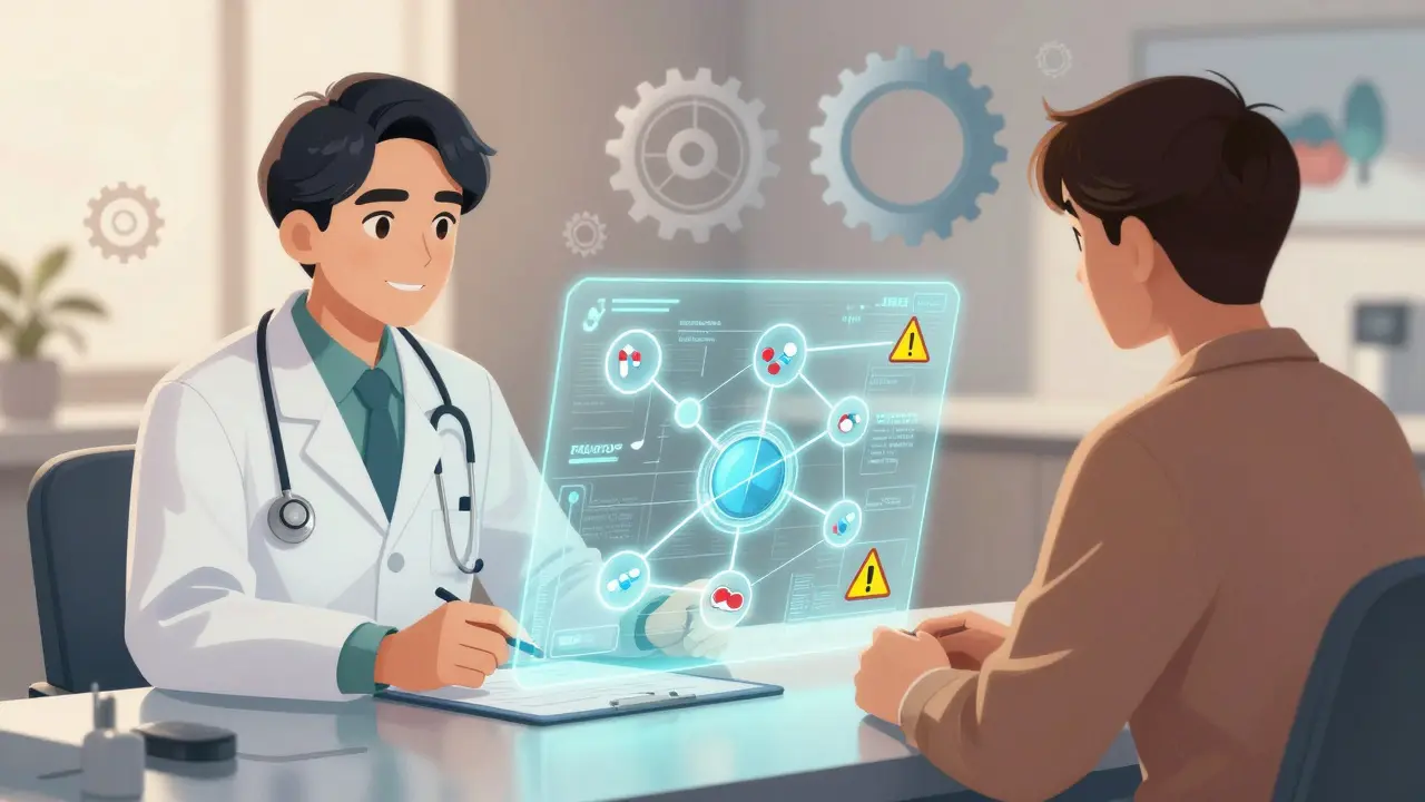 Doctor and patient reviewing holographic drug interaction chart in clinic