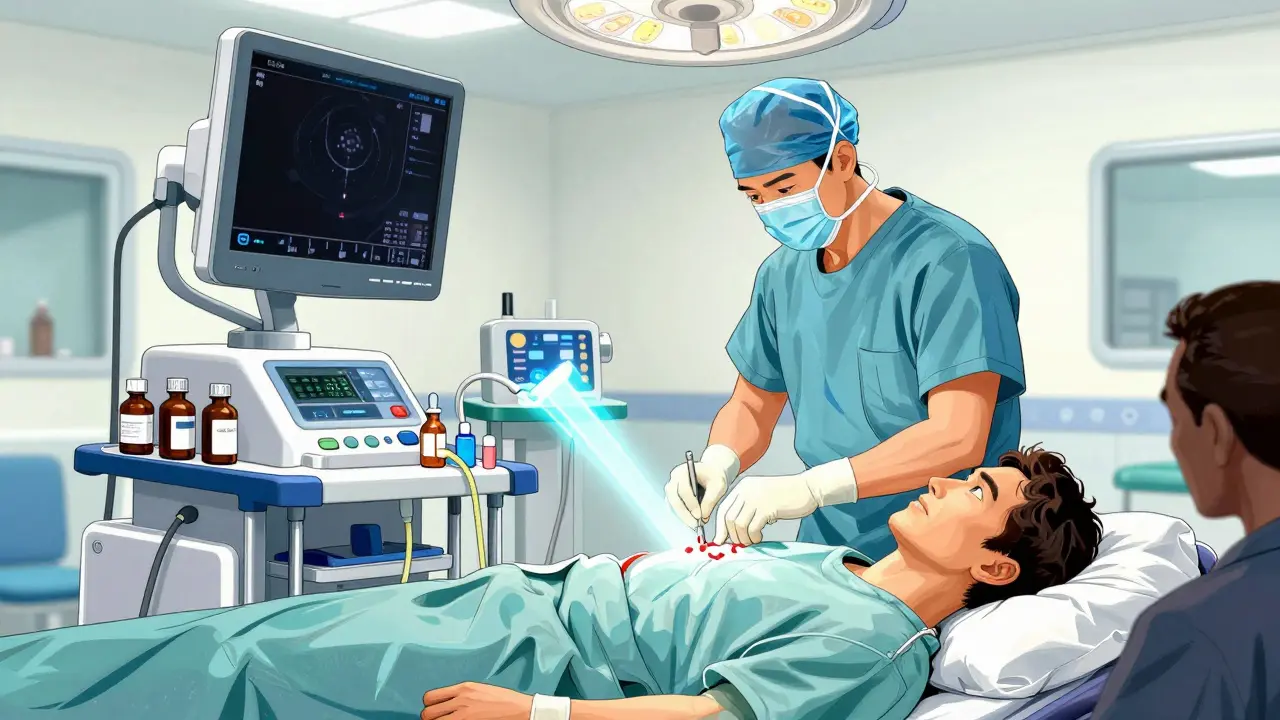 Futuristic surgery scene showing advanced non-opioid techniques and a patient waking up refreshed.