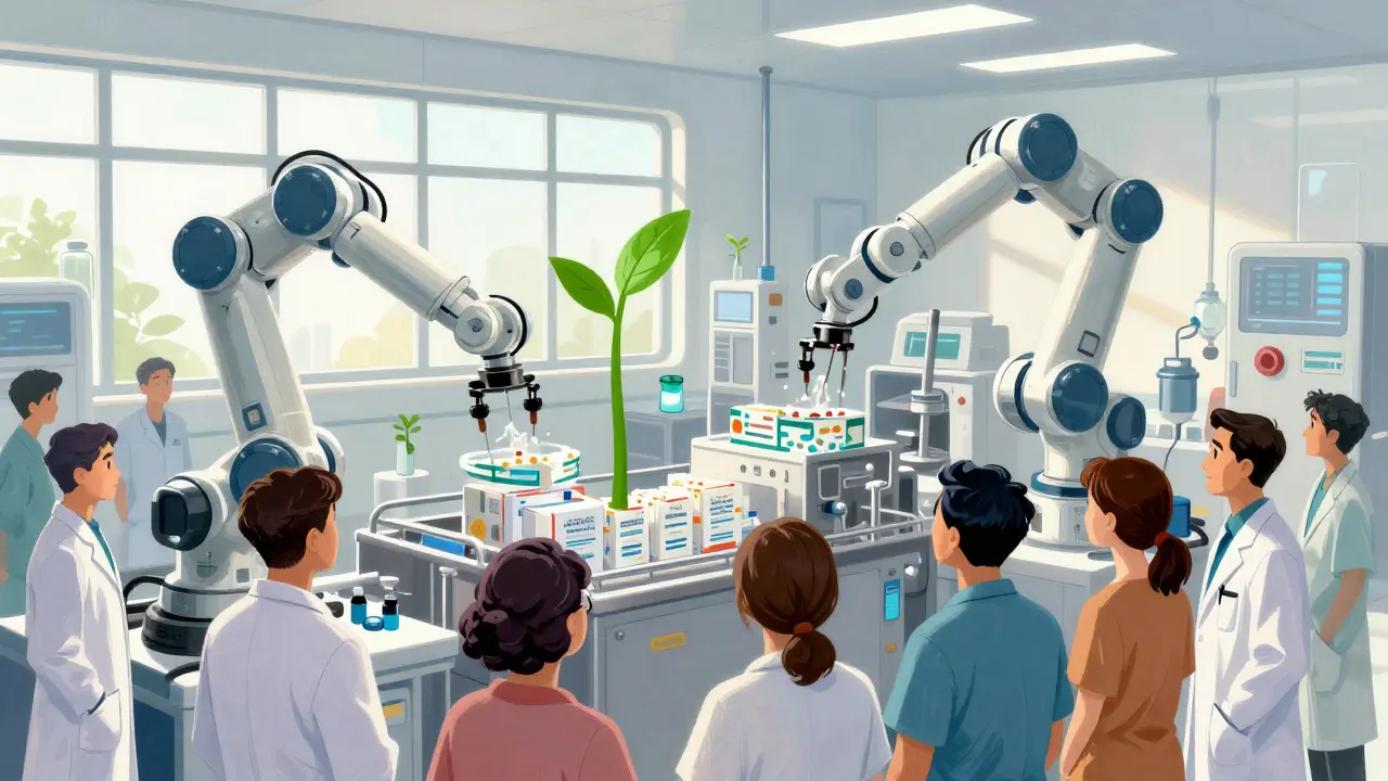 Futuristic US drug manufacturing facility with hopeful staff