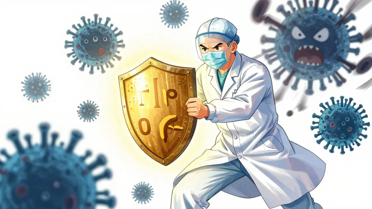 Manhua illustration of a doctor holding a glowing shield repelling shadowy viruses, symbolizing antiviral prophylaxis.