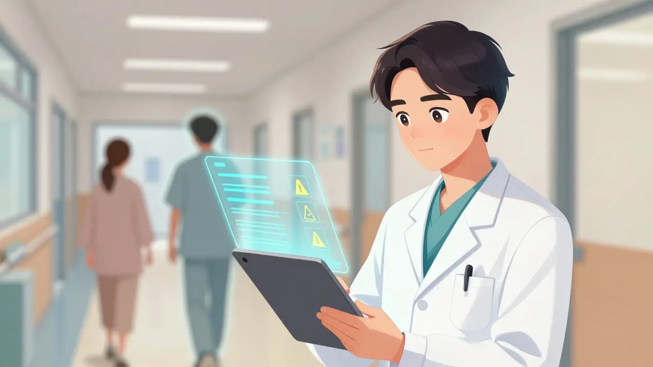 Manhua style scene of a doctor checking patient records with abstract data streams, highlighting screening protocols.