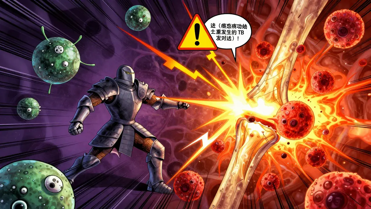 Microscopic battle between biologic drugs and inflammatory cells in anime style