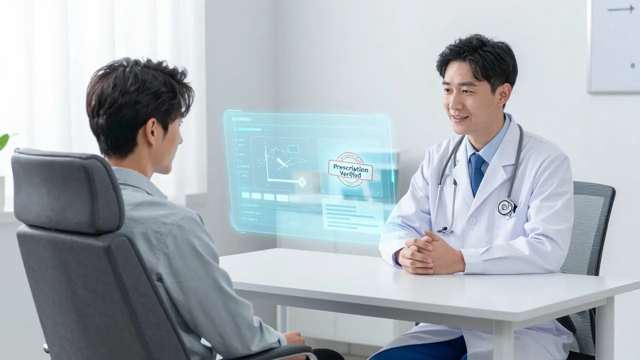 Patient consulting with a doctor via holographic telemedicine interface.