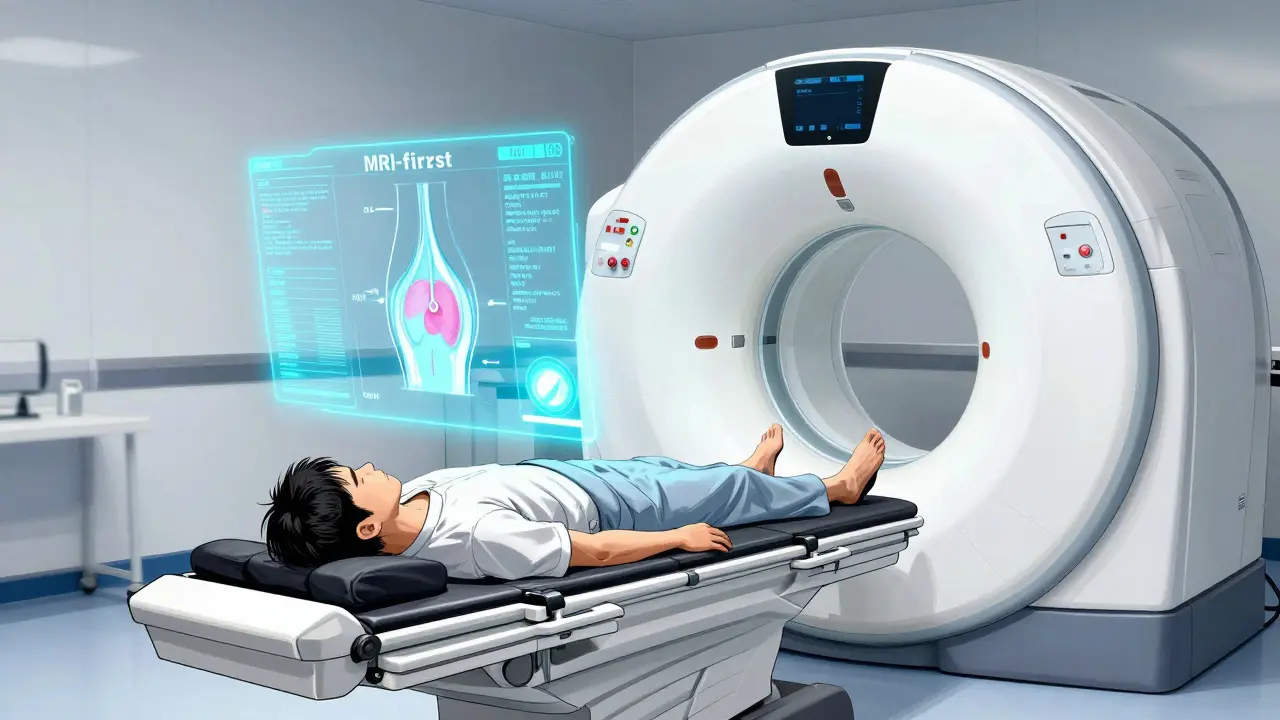 Patient undergoing advanced MRI scan in high-tech lab