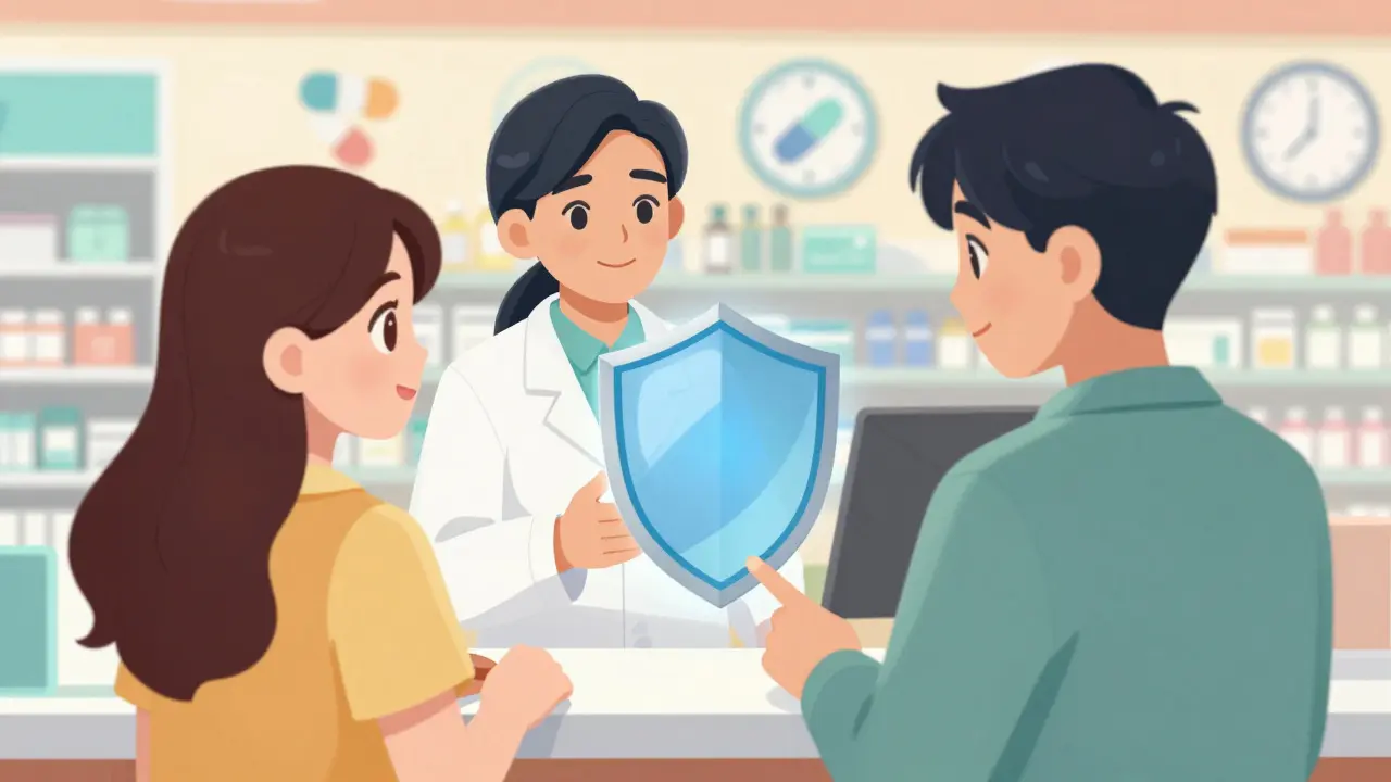 Pharmacist explaining meds to patient using teach-back method for safety