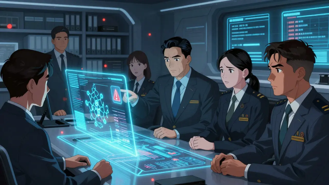 Regulatory officials in a manhua style command center analyzing conflicting holographic drug safety data.